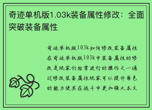 奇迹单机版1.03k装备属性修改：全面突破装备属性