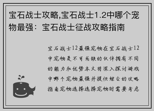 宝石战士攻略,宝石战士1.2中哪个宠物最强：宝石战士征战攻略指南